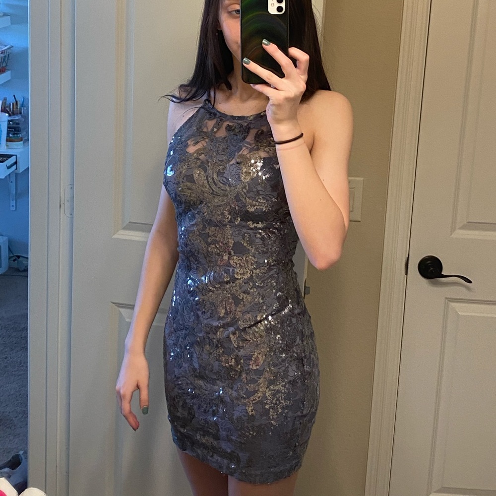 blue/grey short sequin dress